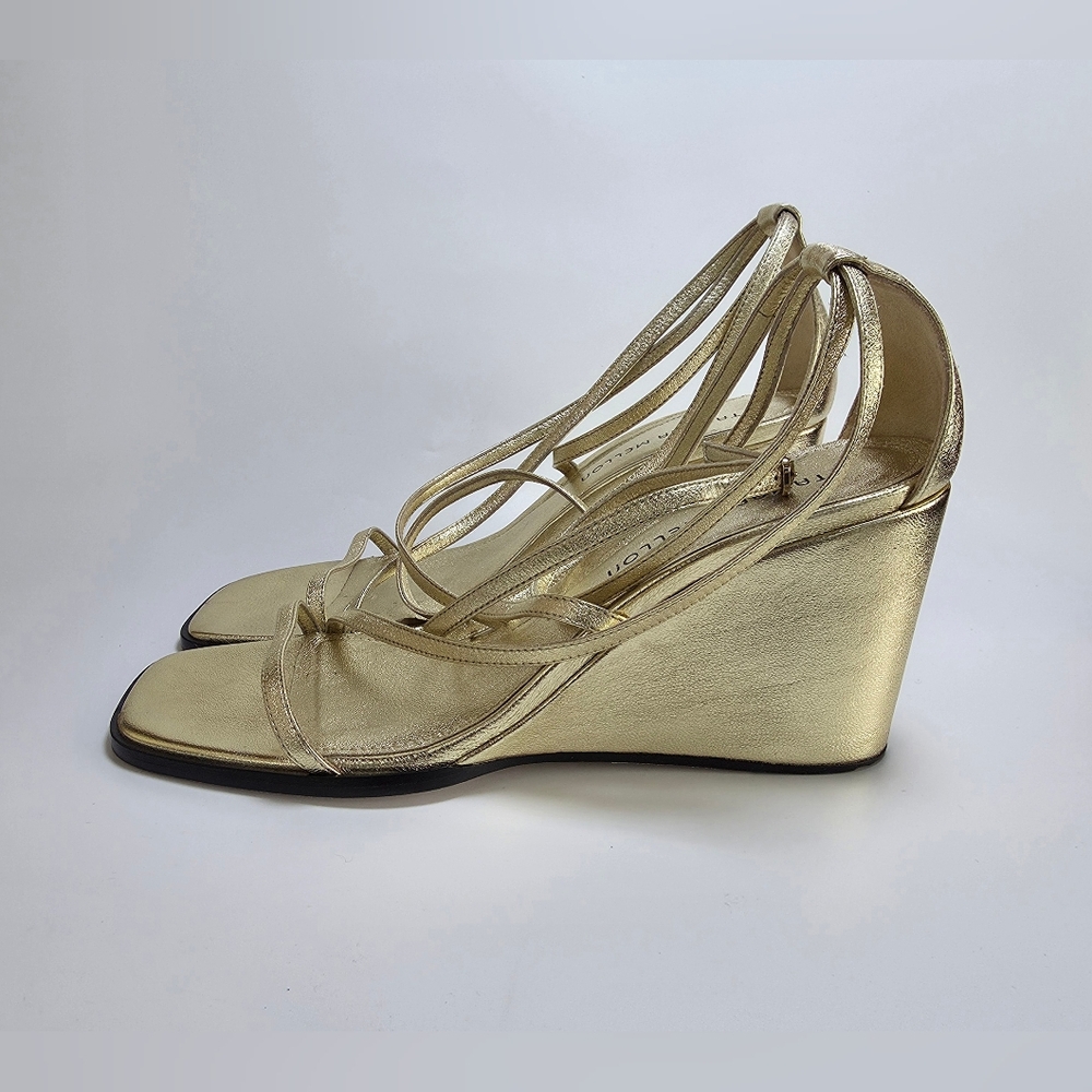 Tamara Mellon Nappa Metallic Gold Strappy Wedge Heels Size 40.5 - Picture 2 of 16